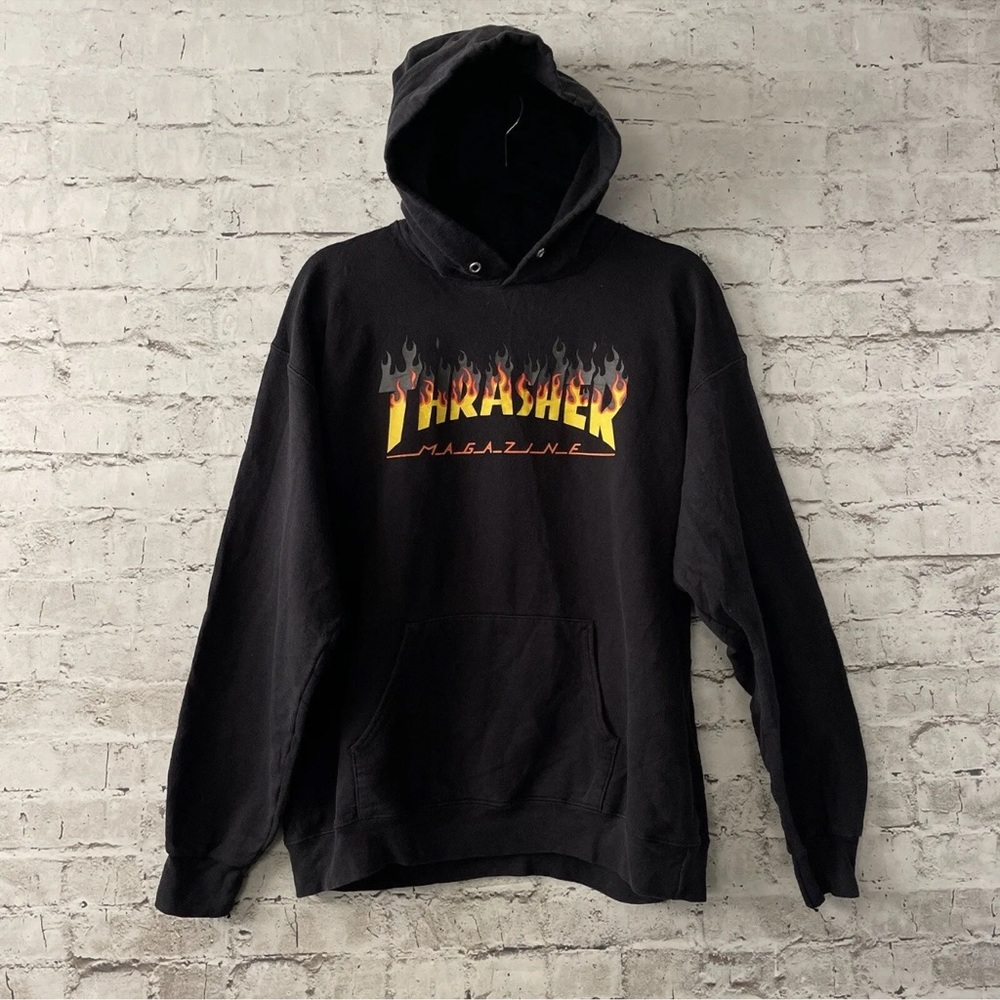 Black Thrasher Magazine Flame Logo Pullover Hoodie Sweatshirt Men's
